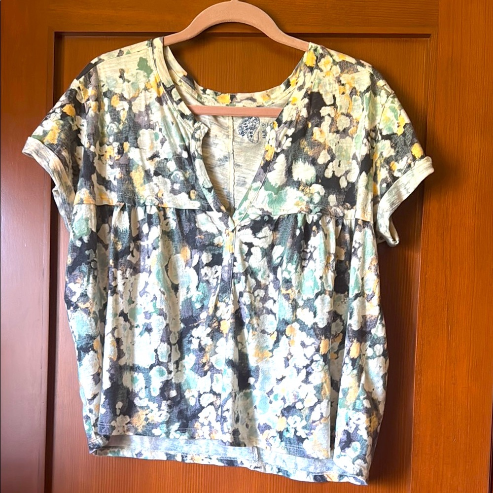 Pilcro White and Blue Graphic Short Sleeve Blouse from Anthropologie